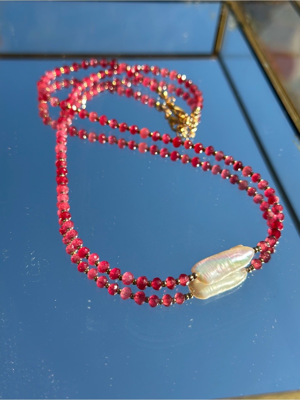 Handmade Ruby Gemstone Beaded Necklace with Barouque Pearl